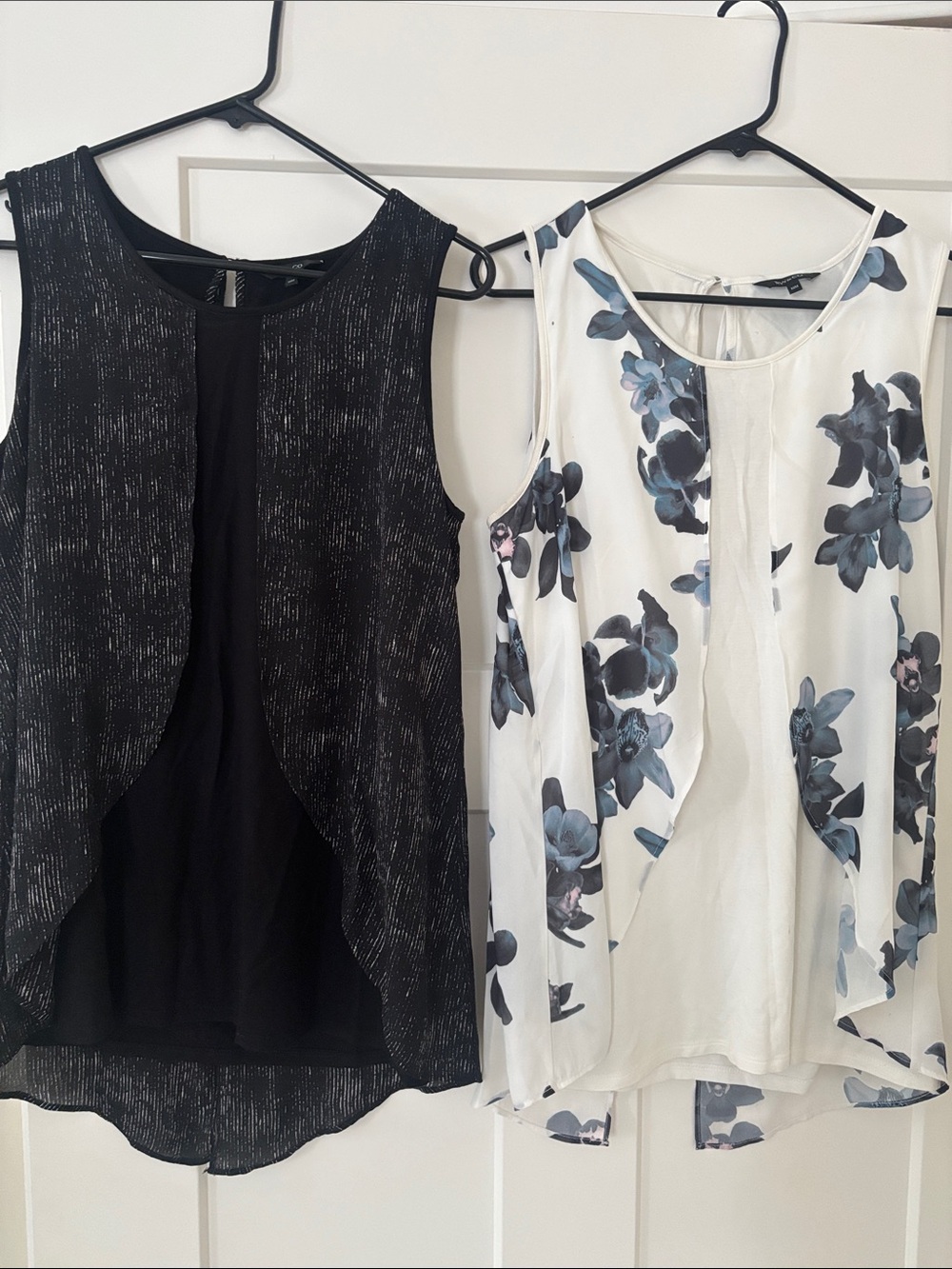 Set of 2 Sleeveless Overlay Tops - White with Blue Floral & Black with White